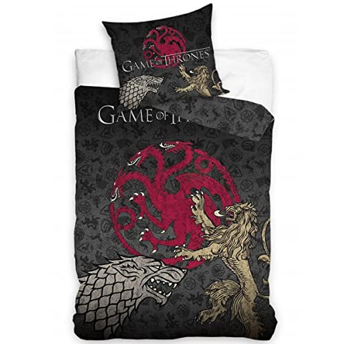 Game of Throne Juego de Tronos – Stark Lannister Leone Targaryen Drago – Funda nórdica Reversible 140 x 200 cm y Funda de Almohada de 70 x 90 cm – 100% algodón