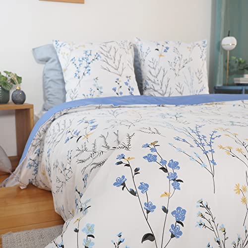 Juego de cama de satén de algodón, estampado floral azul, 240 x 220 cm, 1 funda nórdica estampada y 2 fundas de almohada