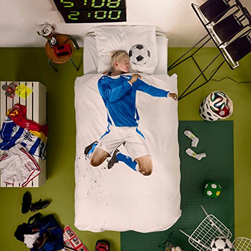 Snurk SOCCER Azul juego de funda para edredón y almohada con diseño de futbolista, tamaño 135 x 200cm, tamaño almohada 80x80 cm