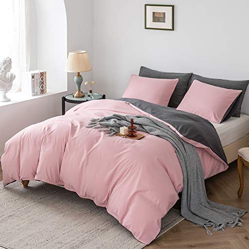 Damier Juego de ropa de cama de 220 x 240 cm color rosa palo y gris lisos reversible de microfibra juego de funda nórdica para cama de matrimonio de 220 x 240 cm y 2 fundas de almohada de 80 x 80 cm