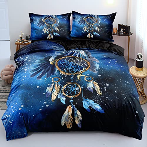 Chanyuan Juego de ropa de cama de 135 x 200 cm, diseño de plumas azules, 2 piezas, ropa de cama infantil, microfibra suave, color negro, funda nórdica bohemia, estilo exótico con cremallera