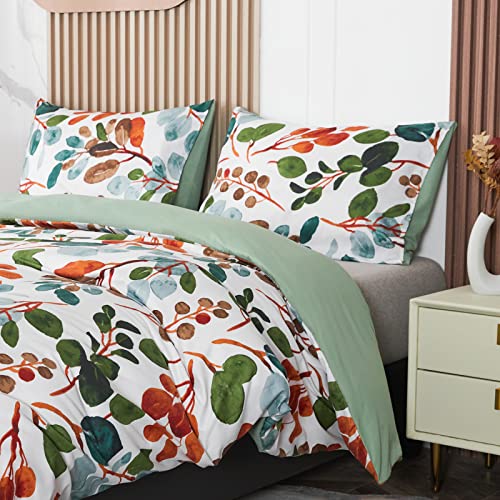 Juego de cama floral de microfibra con diseño de primavera, ramas y hojas, 1 funda nórdica de 220 x 240 cm, 2 fundas de almohada de 50 x 70 cm, moderna con cremallera, verde