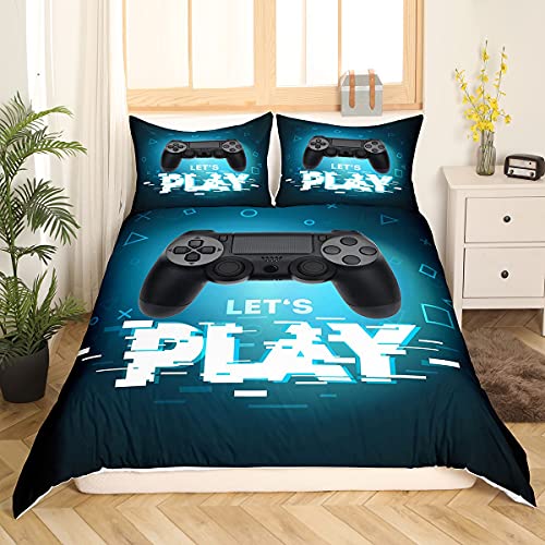 Teens Games Juego de ropa de cama, juego de edredón de 135 x 200 cm, para niños, niñas, jóvenes, dormitorio, moderno juego de funda de edredón con triángulo geométrico, azul y negro