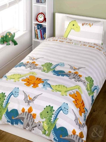 Just Contempo Set de sábanas para niños (algodón), Mezcla de algodón, Dinosaurio - Beige, Blanco, Verde, Funda de edredón Individual