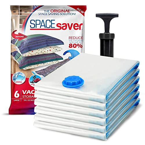 Spacesaver Bolsas de vacio ropa Premium, 80% Más de Almacenamiento, Bomba para Viajes, Sello de doble cierre y válvula turbo con triple sellado, Bolsas Vacío Ahorro de Espacio-Grandes 6 Piezas