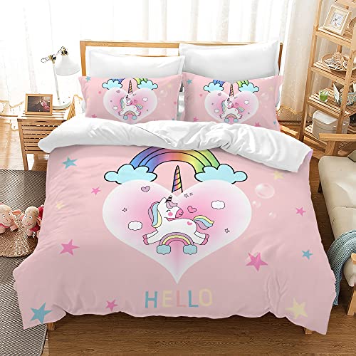 Rowjoy Juego de ropa de cama para niños, diseño de unicornio de dibujos animados, ropa de cama infantil, funda nórdica con cremallera y 2 fundas de almohada (arcoíris, 220 x 240 cm)