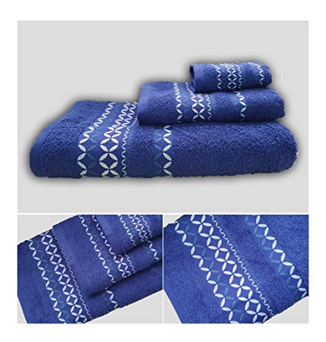 Energy Colors Textil - Hogar - Cenefa Turca - Juego de Toalla 3 Piezas 100% Algodón de 500 Gramos (Azul Marino)