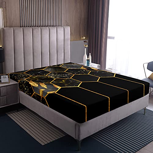 Juego de sábanas de mármol, juego de ropa de cama a cuadros geométrico, color negro y gris, diseño geométrico dorado, moderno y lujoso con rayas metálicas, cuadrícula hexagonal, 90x200 cm