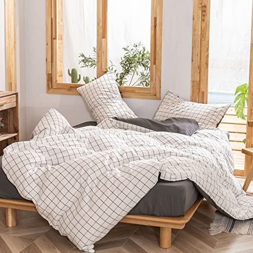 LAWENDA Juego de ropa de cama reversible de 135x200 cm, 100 % algodón, a cuadros, color gris antracita y gris grisáceo, ropa de cama moderna de estilo rústico, funda nórdica y fundas de almohada