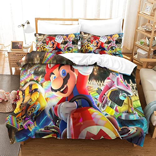 Funda Nórdica Super Mario Bros Estampado Motivo Juego De Ropa De con Funda Edredón Y Fundas De Almohada Ropa De Cama De Suave Acogedora con Cremallera Hipoalergénica MicrofibraconSingle（135x200cm）