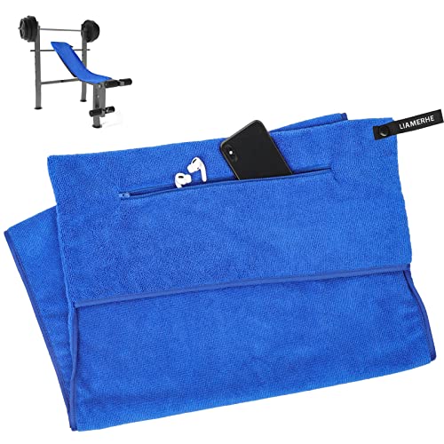 LIAMERHE Toalla Microfibra Toallas Fitness con Compartimento con Cremallera Toalla Gym Toalla Multi Funcional con Antideslizante Fijación Toalla de Deporte para Hombre Mujer (Azul)