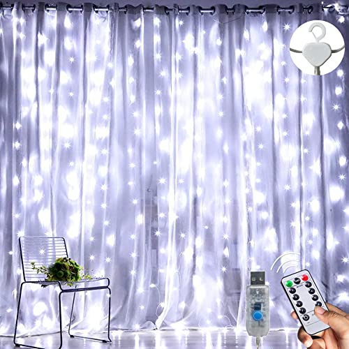 Luces de Cadena de Cortina 3m x 3m 300 LED, con 8 Modos, Temporizador de Control Remoto, Brillo Ajustable, Luces de Alambre de Cobre, Impermeables, Para Dormitorio, Fiesta, Boda, Navidad（Blanco Frio）