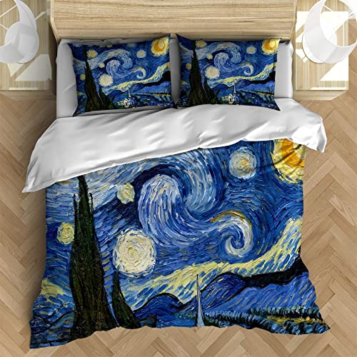 Noche Estrellada Van Gogh Funda Nordica Cama 135/150 Arte - Funda Edredon 220x240 cm y 2 Fundas de Almohada 50x75 cm, Juego de Ropa de Cama de Microfibra Suave con Estampado, con Cremallera