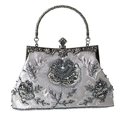 GUOZI - Bolso de mano para mujer, diseño vintage con cuentas florales y diamantes de imitación, Gris