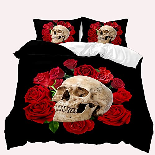 Juego de ropa de cama de 135 x 200 cm, diseño de flores y calaveras, funda nórdica con funda de almohada (cráneo rosa, 200 x 200 cm)
