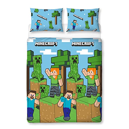 Minecraft Juego de funda de edredón doble oficial, diseño épico, funda de edredón reversible azul de 2 caras, producto oficial que incluye fundas de almohada a juego