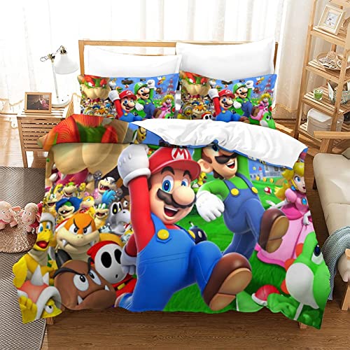 Funda Nórdica Super Mario Bros Estampado Motivo Juego De Funda De Edredón Suave Acogedora con Cremallera Microfibra Funda Edredón para Niños Y Adultos Juego De RopaDouble（200x200cm）