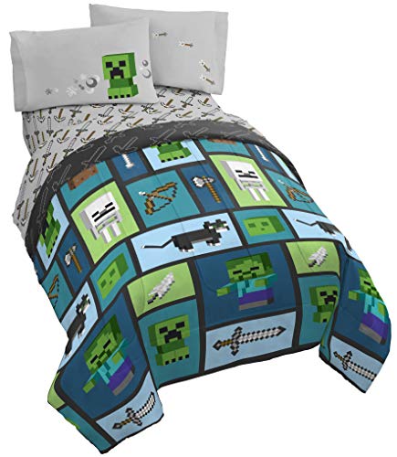 Jay Franco Minecraft Chibi College - Juego de cama matrimonial de 5 piezas, incluye edredón reversible y juego de sábanas, ropa de cama con enredadera y fantasma, microfibra súper suave resistente a
