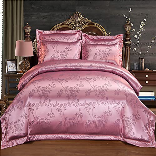 DXHOME Ropa de cama de 135 x 200 cm, rosa viejo, satén brillante, jacquard, brocado, 4 piezas, funda nórdica de satén de lujo con cremallera y 2 fundas de almohada de 80 x 80 cm