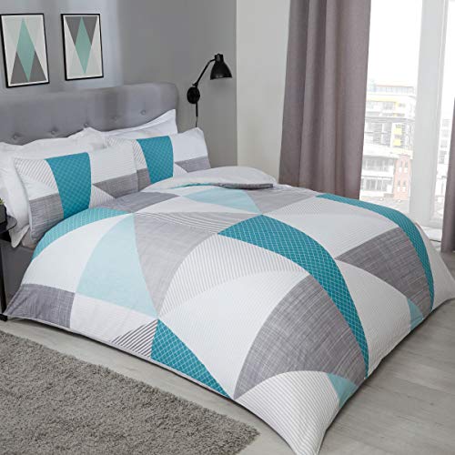 Sleepdown Splice-Juego funda edredón y funda almohada cama Individual (135 x 200 cm), diseño geométrico, Polialgodón, Verde Azulado, suelto