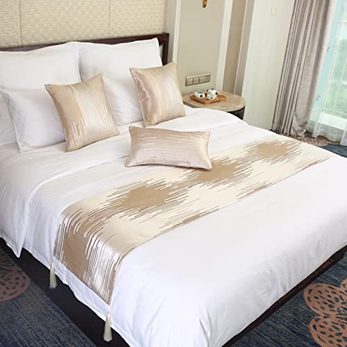 TTiiLoe Bufanda de cama dorada, tela jacquard, manta de rayas con borlas, funda de cama suave, decoración de cama, mantas de cama para boda, dormitorio, hotel, 45 x 180 cm
