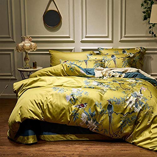 Juegos de sábanas y fundas de almohada,Sedoso algodón egipcio amarillo estilo chinoiserie pájaros flores funda nórdica sábana juego de sábanas ajustables juego de cama King Size Queen-juego de cama 1