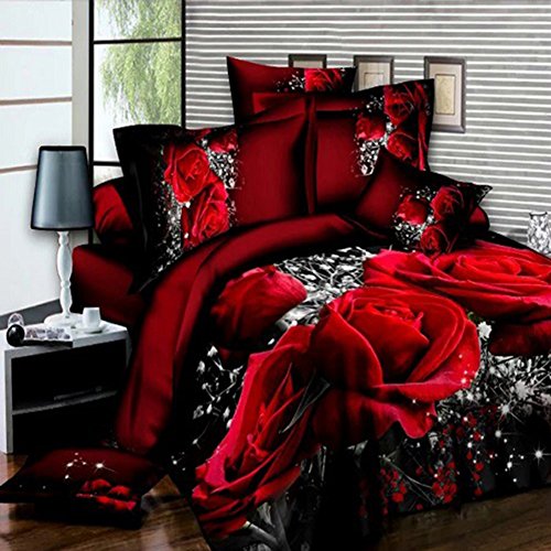 Juego de ropa de cama de Zantec, de 4 piezas, con diseño 3D de grandes rosas rojas, con sábanas, funda nórdica y fundas de almohada