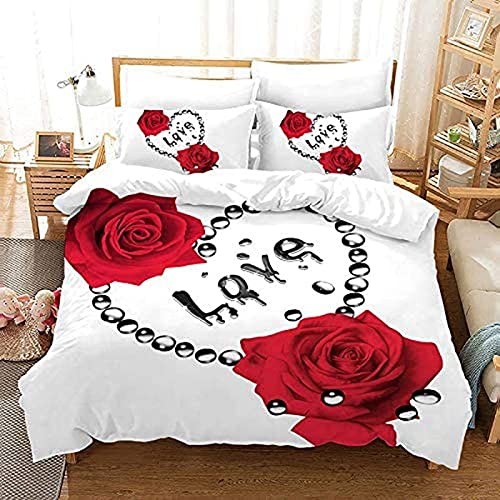 Ropa de cama para niña con diseño de rosas rojas estampadas, juego de cama 3D romántico, funda nórdica de microfibra con cremallera (135 x 200 cm)