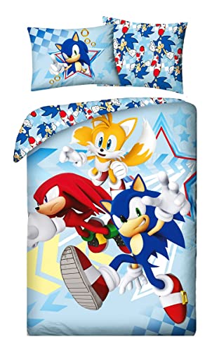 Halantex Sonic Tails Knuckles - Juego de cama Sonic THE HEDGEHOG - Funda nórdica de 140 x 200 cm con funda de almohada de 70 x 90 cm - 100% algodón, multicolor