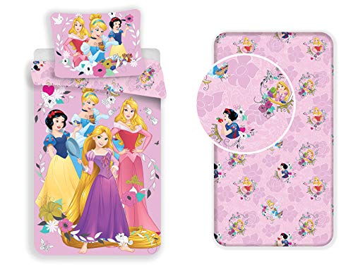 LesAccessoires Disney Princesas Juego de cama de 3 piezas, funda nórdica + funda de almohada + sábana bajera ajustable 100% algodón
