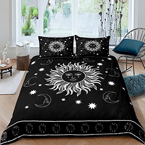 Soleil et Moon - Juego de cama de 200 x 200 cm para niños, decoración bohemian celestial, juego de funda nórdica de 3 piezas, color negro y blanco hippie