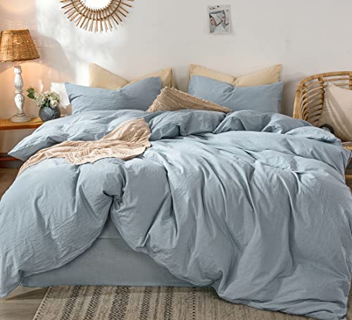 MooMee Juego de funda de edredón 100% algodón lavado como lino texturizado, transpirable, suave, cómodo (azul aciano, Queen)