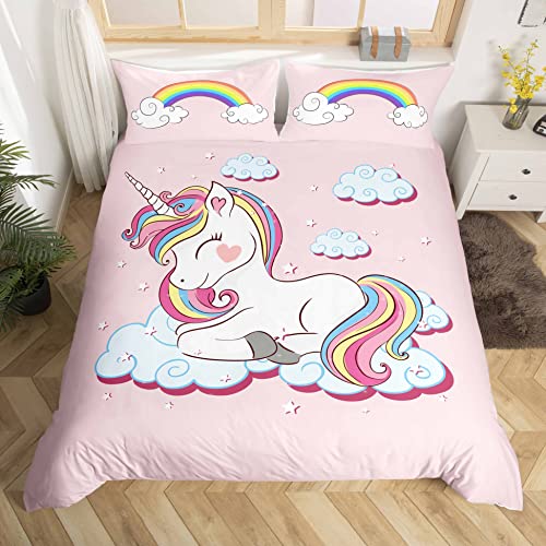 Niños Ropa de cama 140x200cm Niñas Unicornio Juego de Ropa de cama Rosa Dibujos Animados Unicornio arco iris Nubes Imprimir Funda de edredón Animales Lindos Conjunto de Ropa de cama Decorativa