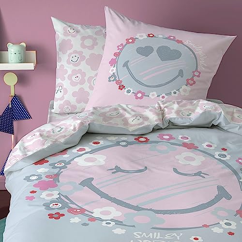 Smiley - Ropa de cama para niña, diseño de flores y estrellas, color rosa, gris, funda de almohada de 80 x 80 cm y funda nórdica de 135 x 200 cm, ropa de cama juvenil y adolescente