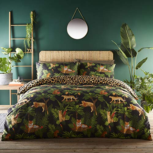 Portfolio Juego de Funda de edredón con diseño de Gatos de la Selva en tamaño King, Color Verde, Reversible, Negro