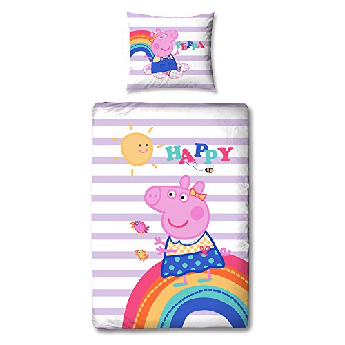 Peppa Pig - Juego de cama infantil reversible (100 % algodón, 80 x 80 cm, funda nórdica de 135 x 200 cm, 2 diseños, cierre de cremallera)