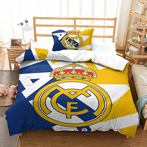 Real Madrid Funda Nórdica con Impresión 3D con Funda De Y Juego De Cama Cierre De Cremallera De Microfibra Funda Nórdica De Single（135x200cm）