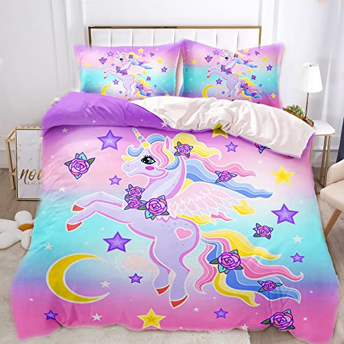 Juego de funda nórdica de unicornio rosa, lindas pestañas de unicornio, ropa de cama de 135 x 200 cm, diseño de unicornio con 2 fundas de almohada (135 x 200 cm, rosa)