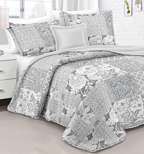 HARADECO-Colchas Bouti Cama 90, Decorativa para Combina Colcha de Verano Blanca, Cubrecama de Verano Estampado Patchwork Gris con 1 Funda Almohada para Hogar Hostelería Regalos(Cama 90, A)