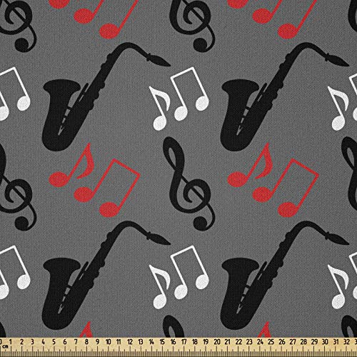 ABAKUHAUS Musica Jazz Tela por Metro, Notas Clef Saxofón, Microfibra Decorativa para Artes y Manualidades, 2M (230x200cm), Gris Rojo Negro