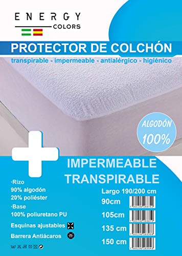 ENERGY COLORS textil-hogar Protector Colchón Impermeable Rizo Algodón 90% Esquina Elástica Ajustable Transpirable (90_x_200_cm)