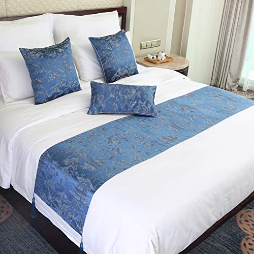 BAMCQ Bed Runner Jacquard con Borla, Bufanda de Cama Protección Azul de la Cubierta, Colcha Tiro para el Dormitorio,45X180cm(for 1.5m Bed)