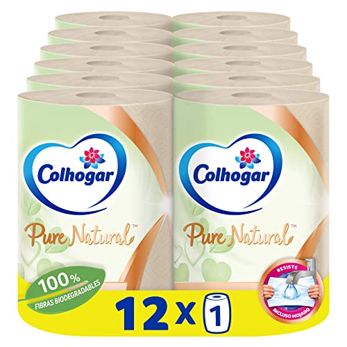 Colhogar Pure Natural 12x1 - Papel Cocina Biodegradable Resistente y Absorbente - Rollo de Toalla de Papel Mini Jumbo para Cocina - 12 Rollos - Color Natural