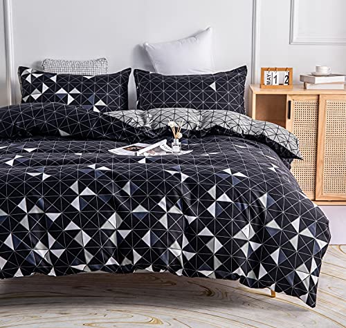 Juego de cama de 240 x 260 cm, diseño de cuadros para adulto, juego de funda nórdica moderno geométrico, ropa de cama con cremallera y 2 fundas de almohada de 65 x 65 cm, color negro y gris