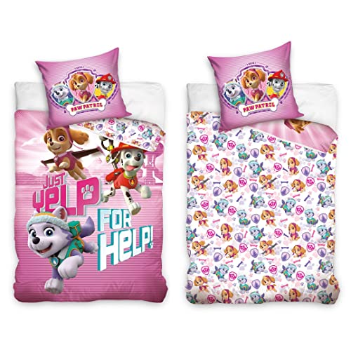 Character World Juego de cama para niña de la Patrulla Canina, 135 x 200 cm, 80 x 80 cm, 100% algodón, Burst, color rosa, estrellas Sky-e