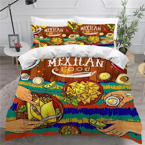 Juego de Ropa de Cama 150 3 Piezas Juego de Sabanas de Fibra de Poliéster Graffiti 1 Funda nórdica de 200x200 con Cremallera 2 Fundas de Almohada de 50x75 Comida Mexicana 3D Juego de Cama Microfibra