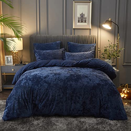 PHF Juego de cama de terciopelo de 200 x 200 cm, de lujo mullido, ropa de cama de 200 x 200 cm, con 2 fundas de almohada de 80 x 80 cm, funda nórdica de terciopelo, azul marino