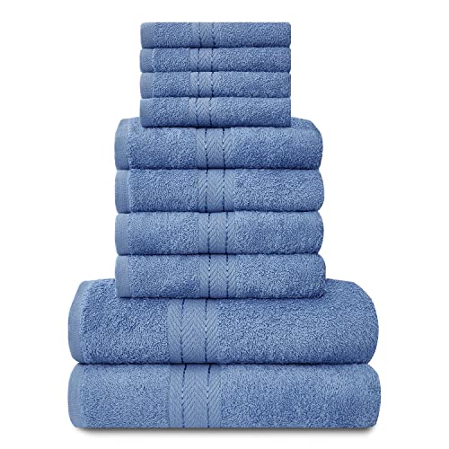 Lions Towels 544654 - Juego de 10 piezas 100% algodón egipcio, 4 caras, 4 manos, 2 toallas de baño, accesorios de baño altamente absorbentes de agua, lavables a máquina, azul, 544654