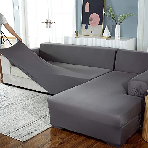 Yidaxing Funda para Sofá en Forma de L Funda Elástica Chaise Longue con Funda de Almohada de 2 Piezas(Gris Claro, 3 Plazas+3 Plazas)