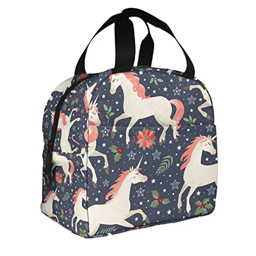 DJNGN Unicornios Almuerzo Tote Bag Floral Patrón de Navidad Hermoso Caballo Hada Animal Estrella Bastón de caramelo Fiambrera caliente para niños, niñas, hombres y mujeres